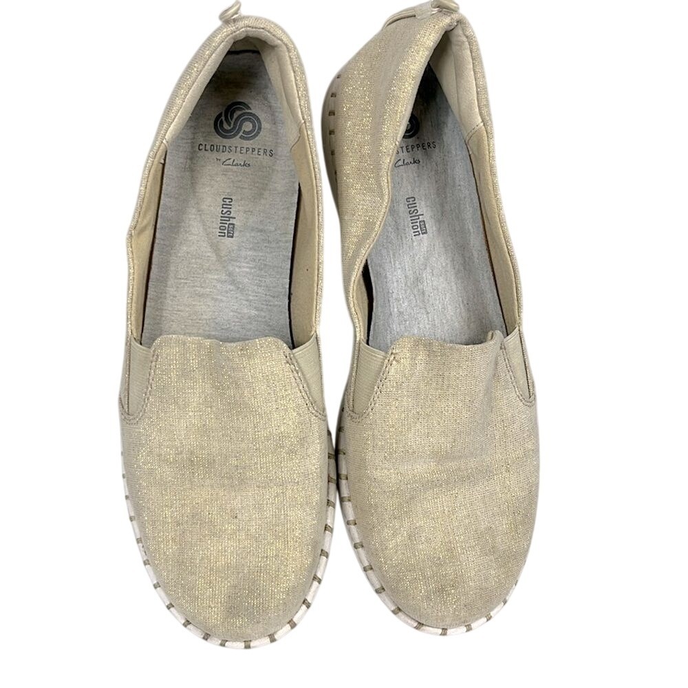 Clarks Cloudsteppers Soft Gold Canvas Slip On Loafers Womens Size 9M